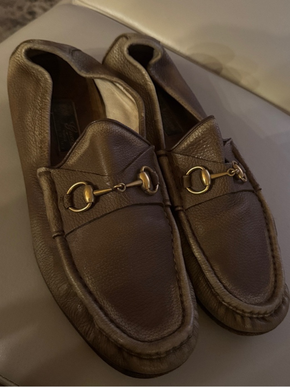 Gucci Brown Pebbled Leather Horsebit Slip-On Loafers